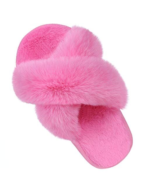 Comwarm Girl's Soft Plush Lightweight House Slippers Non Slip Cross Band Slip on Open Toe Cozy Indoor Outdoor Slippers