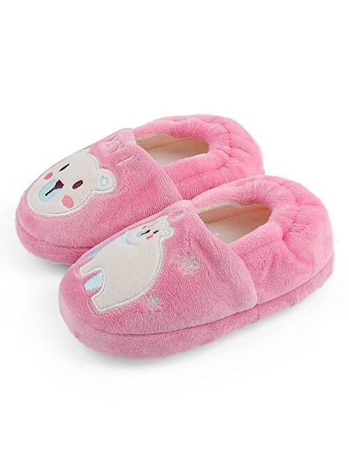 ESTAMICO Toddler Boys Girls Cozy Plush Slippers Cute Cartoon Embroidered Animals Kids Warm House Shoes