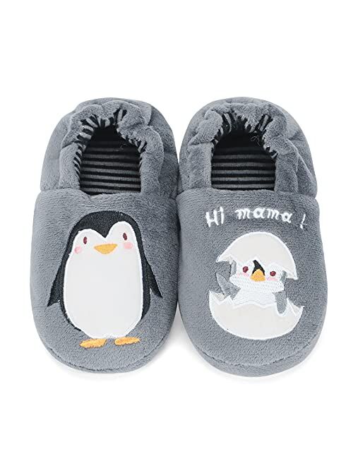 ESTAMICO Toddler Boys Girls Cozy Plush Slippers Cute Cartoon Embroidered Animals Kids Warm House Shoes