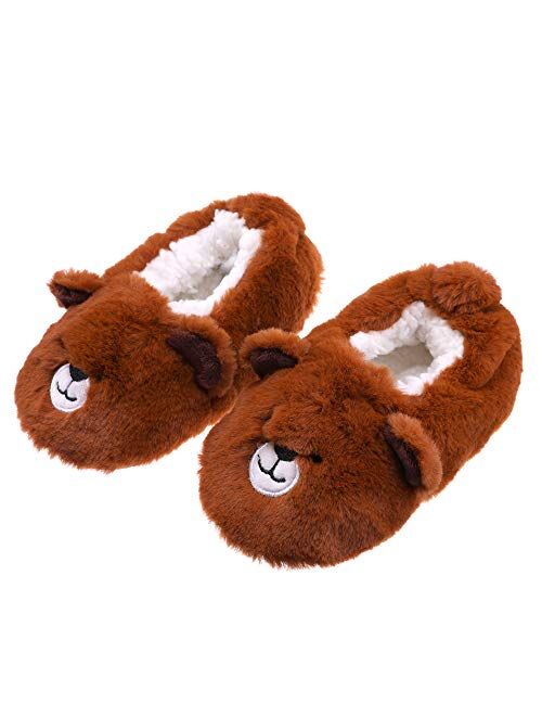 FANZERO Toddler Kids Girls Boys Cute Cartoon Animal Soft Warm Plush Lining Non-Slip Slippers Winter House Shoes