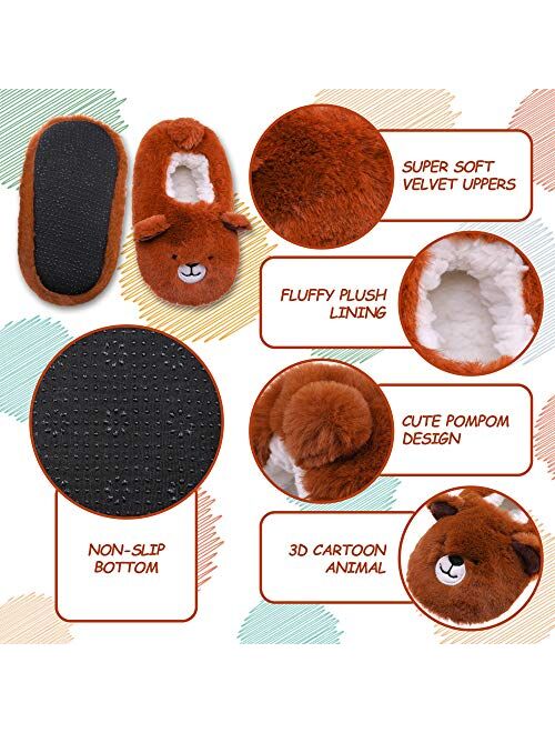 FANZERO Toddler Kids Girls Boys Cute Cartoon Animal Soft Warm Plush Lining Non-Slip Slippers Winter House Shoes