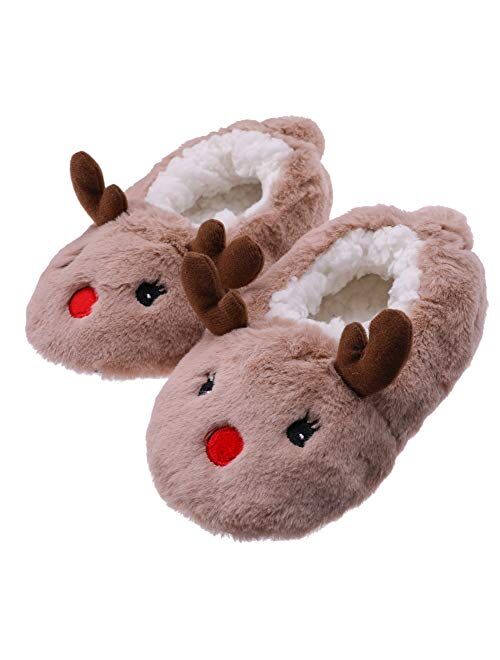 FANZERO Toddler Kids Girls Boys Cute Cartoon Animal Soft Warm Plush Lining Non-Slip Slippers Winter House Shoes