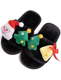 Techcity Boys Girls Fuzzy House Slippers Cute Comfy Faux Fur Slip On Fluffy Plush Open Toe Home Slides for Kids Indoor Outdoor Warm Shoes