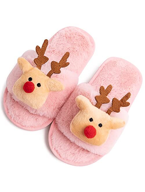 Techcity Boys Girls Fuzzy House Slippers Cute Comfy Faux Fur Slip On Fluffy Plush Open Toe Home Slides for Kids Indoor Outdoor Warm Shoes