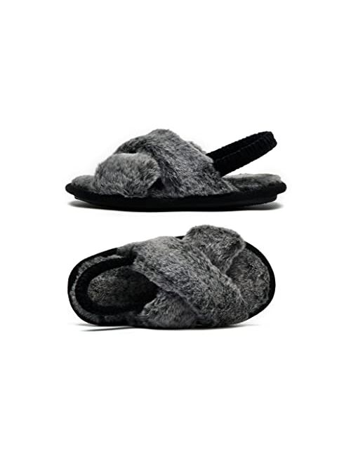 Goellen Girls Comfy Slippers Crocs Band Plush Fur Slip on With Elastic Back Strap Toddler Slip-on Shoes Memory Foam Kids House Slipper