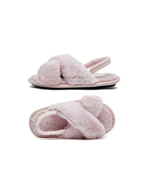 Goellen Girls Comfy Slippers Crocs Band Plush Fur Slip on With Elastic Back Strap Toddler Slip-on Shoes Memory Foam Kids House Slipper