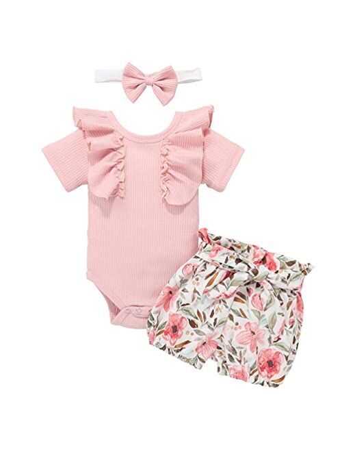 Amawmw Newborn Baby Girls Ribbed Solid Romper Fly Sleeve Top Polka Dots Denim Bloomers Shorts Outfit