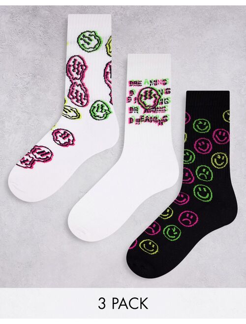 ASOS DESIGN 3 pack neon smiley face sports socks