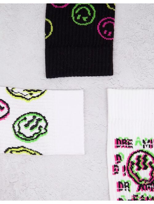 ASOS DESIGN 3 pack neon smiley face sports socks