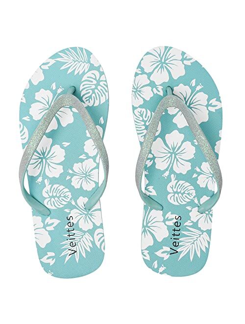 Veittes Kid's Girl Flip Flops, Little/Big Girls Slip On Beach Thong Sandals with Mermaid Pineapple Pattern for Younger Older Children.