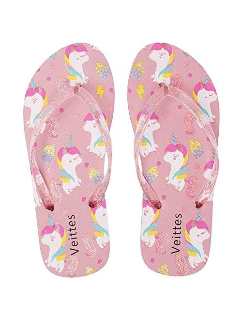 Veittes Kid's Girl Flip Flops, Little/Big Girls Slip On Beach Thong Sandals with Mermaid Pineapple Pattern for Younger Older Children.