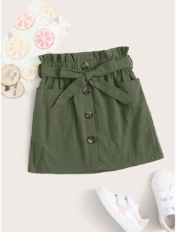 Girls Button Front Paperbag Waist Belted Skirt