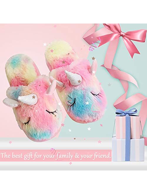 Techcity Rainbow Unicorn Slippers/Cute Fluffy Girls Slippers/Cozy Plush Indoor Outdoor Women Slippers/Best Unicorn Gifts