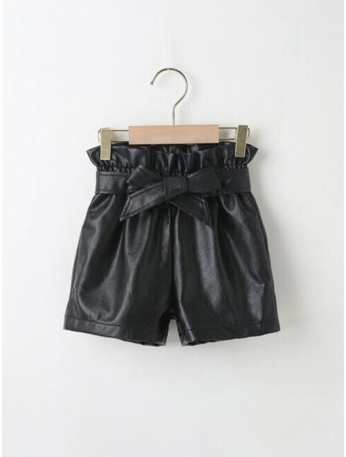 Shein Toddler Girls PU Leather Belted Paper Bag Waist Shorts