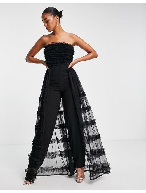 Starlet 3D ruffle bandeau jumpsuit with tulle overlay in black