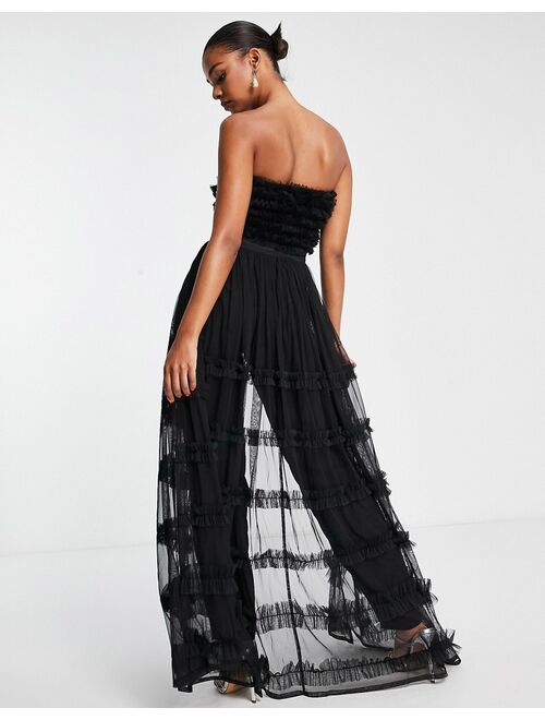 Starlet 3D ruffle bandeau jumpsuit with tulle overlay in black