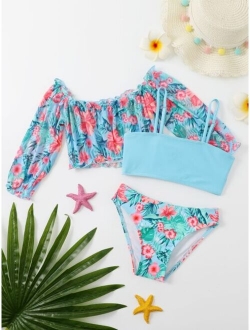 Toddler Girls 3pack Random Tropical Print Frill Trim Bikini Swimsuit