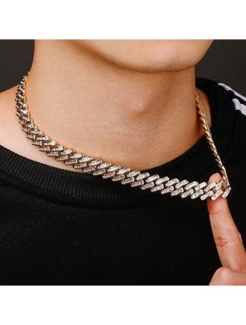 TOPGRILLZ 12mm/18mm Baguette Diamond Miami Cuban Link Chain 6 Times 14K Gold Plated Solid CZ Choker Necklace for Men Women Jewelry Decoration