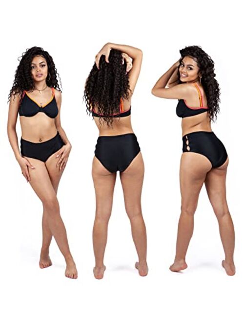 Savvi Wear Period Swimwear - Black Menstrual Leakproof Bikini Bottom - Slotted High Waisted Swim Bottoms for Teens, Girls, Women