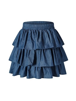 JE Sterguard Girls Skater Skirt Denim Solid Color Denim Skirt with Lace Hem