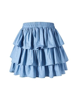 JE Sterguard Girls Skater Skirt Denim Solid Color Denim Skirt with Lace Hem