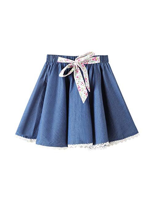 JE Sterguard Girls Skater Skirt Denim Solid Color Denim Skirt with Lace Hem