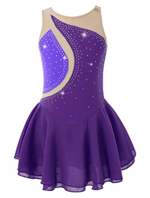 Agoky Big Girls' Kids Sparkly Ice Figure Skating Roller Skating Dress Gymnastic Tutu Skirted Leotard Costume