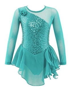 Agoky Kids Girls Figure Ice Skating Dress Mesh Long Sleeve Hollow Back Sequin Tulle Leotard Dress Ballet Dance Costume