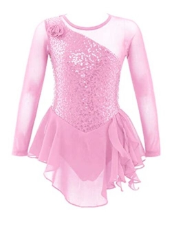 Agoky Kids Girls Figure Ice Skating Dress Mesh Long Sleeve Hollow Back Sequin Tulle Leotard Dress Ballet Dance Costume