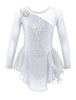 Agoky Kids Girls Figure Ice Skating Dress Mesh Long Sleeve Hollow Back Sequin Tulle Leotard Dress Ballet Dance Costume