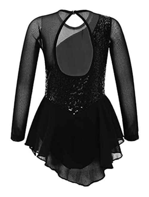 Agoky Kids Girls Figure Ice Skating Dress Mesh Long Sleeve Hollow Back Sequin Tulle Leotard Dress Ballet Dance Costume