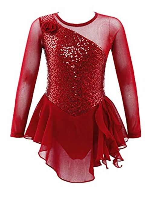 Agoky Kids Girls Figure Ice Skating Dress Mesh Long Sleeve Hollow Back Sequin Tulle Leotard Dress Ballet Dance Costume