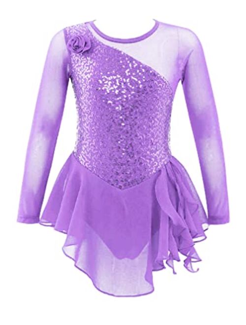 Agoky Kids Girls Figure Ice Skating Dress Mesh Long Sleeve Hollow Back Sequin Tulle Leotard Dress Ballet Dance Costume