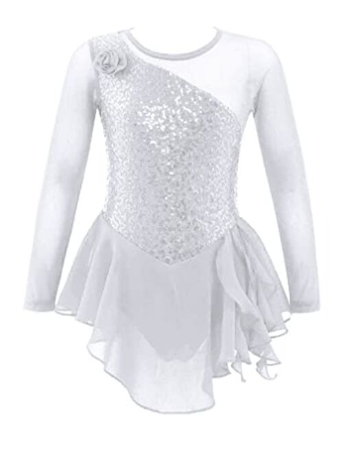 Agoky Kids Girls Figure Ice Skating Dress Mesh Long Sleeve Hollow Back Sequin Tulle Leotard Dress Ballet Dance Costume