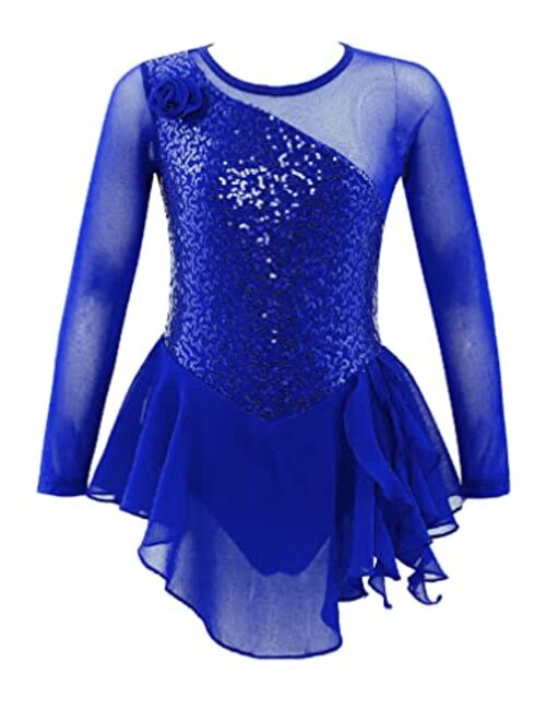 Agoky Kids Girls Figure Ice Skating Dress Mesh Long Sleeve Hollow Back Sequin Tulle Leotard Dress Ballet Dance Costume