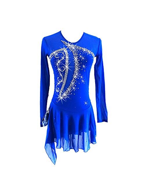 LIUHUO Black Ice Figure Skating Dress for Girls Women Backless Long-Sleeved Beaded Dresses