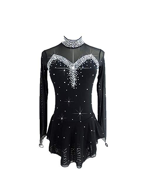 LIUHUO Black Ice Figure Skating Dress for Girls Women Backless Long-Sleeved Beaded Dresses