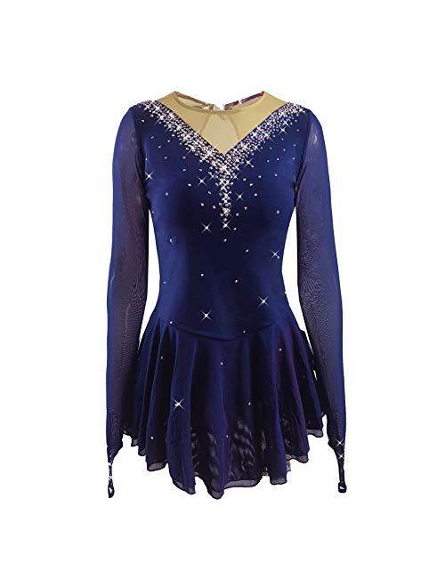 LIUHUO Girls' Ice Figure Skating Dress Stretch Mesh Diamond Hook Sleeves Four Colors