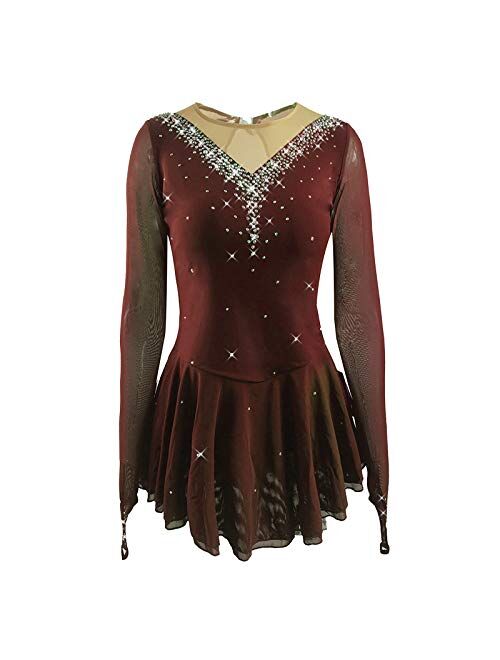 LIUHUO Girls' Ice Figure Skating Dress Stretch Mesh Diamond Hook Sleeves Four Colors