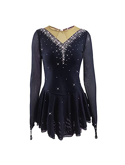 LIUHUO Girls' Ice Figure Skating Dress Stretch Mesh Diamond Hook Sleeves Four Colors