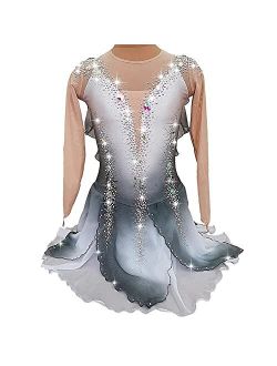 BINGHUOZHIWU Grey White Handmade Ice Figure Skating Dress for Women