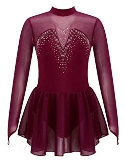 YUUMIN Girls Shiny Mock Neck Mesh Spliced Figure Ice Skating Dress Competition Dance Costumes Leotard Ballet Tutu Dress