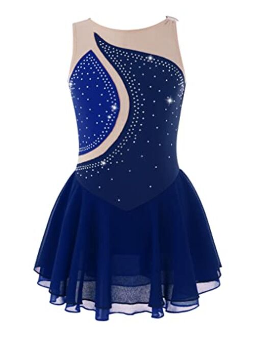 YUUMIN Girls Shiny Mock Neck Mesh Spliced Figure Ice Skating Dress Competition Dance Costumes Leotard Ballet Tutu Dress