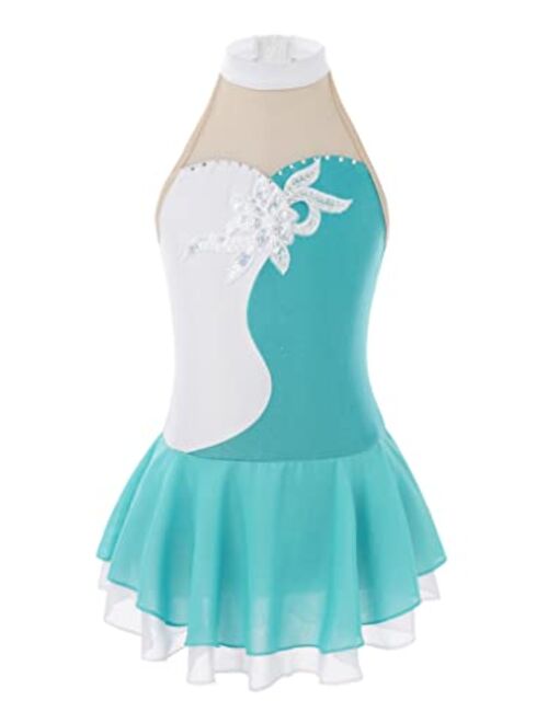 YUUMIN Girls Shiny Mock Neck Mesh Spliced Figure Ice Skating Dress Competition Dance Costumes Leotard Ballet Tutu Dress