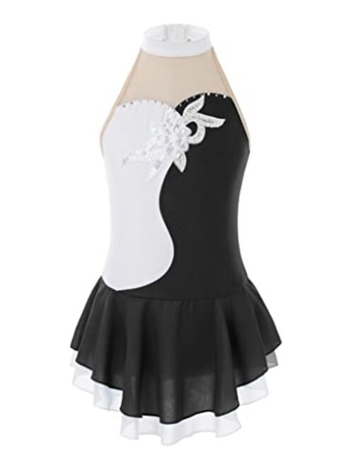 YUUMIN Girls Shiny Mock Neck Mesh Spliced Figure Ice Skating Dress Competition Dance Costumes Leotard Ballet Tutu Dress