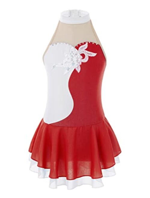 YUUMIN Girls Shiny Mock Neck Mesh Spliced Figure Ice Skating Dress Competition Dance Costumes Leotard Ballet Tutu Dress