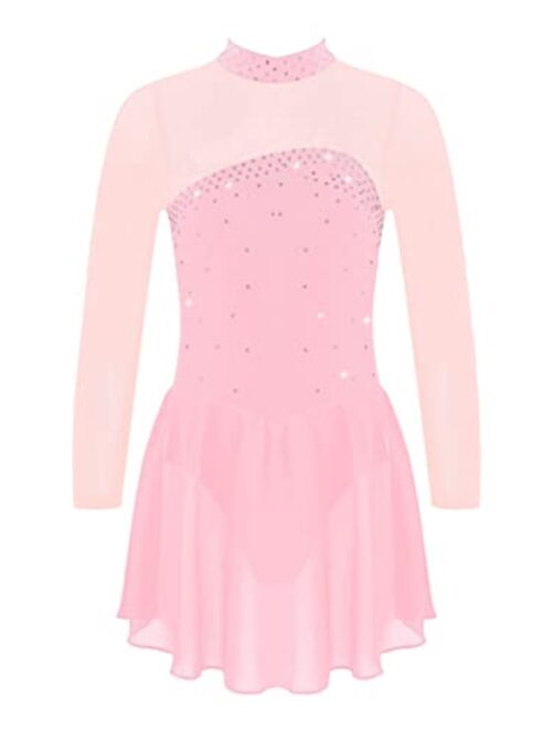 YUUMIN Girls Shiny Mock Neck Mesh Spliced Figure Ice Skating Dress Competition Dance Costumes Leotard Ballet Tutu Dress