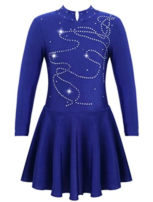 YUUMIN Girls Shiny Mock Neck Mesh Spliced Figure Ice Skating Dress Competition Dance Costumes Leotard Ballet Tutu Dress