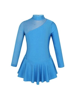 Yeahdor Girls' Kids Figure Ice Skating Dress Mesh Splice Long Sleeve Mock Neck Ballet Dance Gymnastic Tutu Skirted Leotard