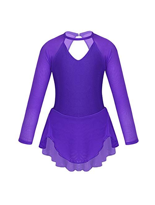 Yeahdor Girls' Kids Figure Ice Skating Dress Mesh Splice Long Sleeve Mock Neck Ballet Dance Gymnastic Tutu Skirted Leotard